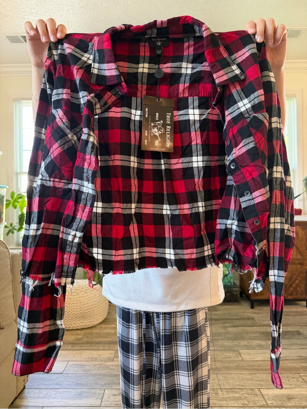 True Religion Red, Black & White Plaid Cropped Flannel Shirt